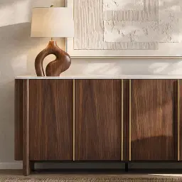 Sir Lionell Gliding White Sintered Stone Sideboard - Walnut Brown Wooden Legs