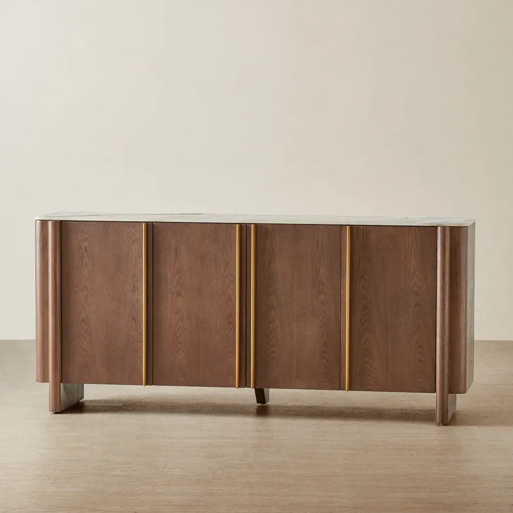 Sir Lionell Gliding White Sintered Stone Sideboard - Walnut Brown Wooden Legs