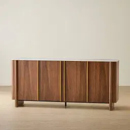 Sir Lionell Gliding White Sintered Stone Sideboard - Walnut Brown Wooden Legs