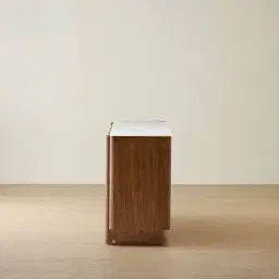 Sir Lionell Gliding White Sintered Stone Sideboard - Walnut Brown Wooden Legs