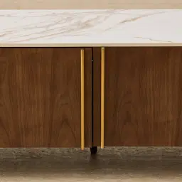 Sir Lionell Gliding White Sintered Stone Entertainment Unit - Walnut Brown Wooden Legs