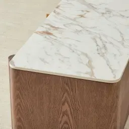 Sir Lionell Gliding White Sintered Stone Entertainment Unit - Walnut Brown Wooden Legs