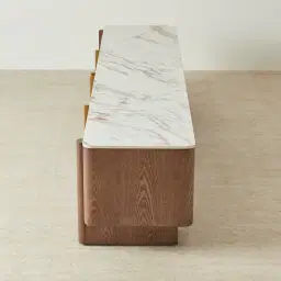 Sir Lionell Gliding White Sintered Stone Entertainment Unit - Walnut Brown Wooden Legs