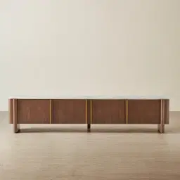 Sir Lionell Gliding White Sintered Stone Entertainment Unit - Walnut Brown Wooden Legs