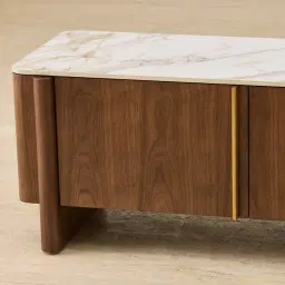 Sir Lionell Gliding White Sintered Stone Entertainment Unit - Walnut Brown Wooden Legs