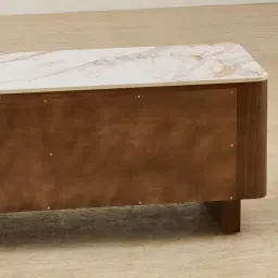 Sir Lionell Gliding White Sintered Stone Entertainment Unit - Walnut Brown Wooden Legs