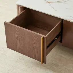 Sir Lionell Gliding White Sintered Stone Entertainment Unit - Walnut Brown Wooden Legs