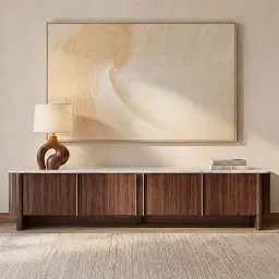 Sir Lionell Gliding White Sintered Stone Entertainment Unit - Walnut Brown Wooden Legs