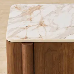 Sir Lionell Gliding White Sintered Stone Entertainment Unit - Walnut Brown Wooden Legs