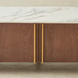 Sir Lionell Gliding White Sintered Stone Entertainment Unit - Walnut Brown Wooden Legs