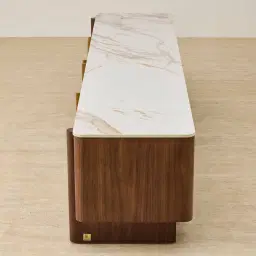 Sir Lionell Gliding White Sintered Stone Entertainment Unit - Walnut Brown Wooden Legs