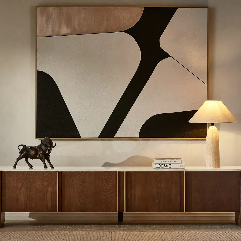 Sir Lionell Gliding White Sintered Stone Entertainment Unit - Walnut Brown Wooden Legs