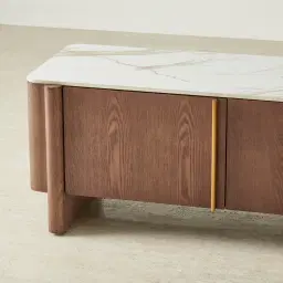 Sir Lionell Gliding White Sintered Stone Entertainment Unit - Walnut Brown Wooden Legs