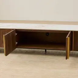 Sir Lionell Gliding White Sintered Stone Entertainment Unit - Walnut Brown Wooden Legs
