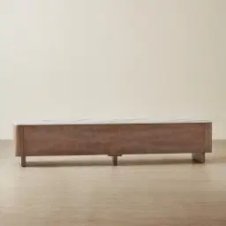 Sir Lionell Gliding White Sintered Stone Entertainment Unit - Walnut Brown Wooden Legs