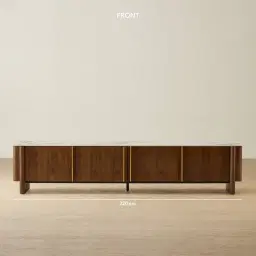 Sir Lionell Gliding White Sintered Stone Entertainment Unit - Walnut Brown Wooden Legs