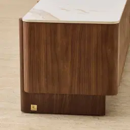 Sir Lionell Gliding White Sintered Stone Entertainment Unit - Walnut Brown Wooden Legs