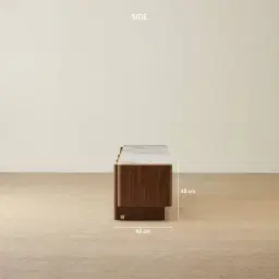 Sir Lionell Gliding White Sintered Stone Entertainment Unit - Walnut Brown Wooden Legs