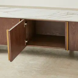 Sir Lionell Gliding White Sintered Stone Entertainment Unit - Walnut Brown Wooden Legs