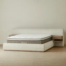 Riviera Isabelline White Fabric King Bed with Medium Brown Ash Veneer