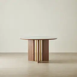 Sir Lionell II Gliding White Sintered Stone Round Dining Table - Walnut Brown Wooden Legs 120cm