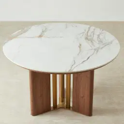 Sir Lionell II Gliding White Sintered Stone Round Dining Table - Walnut Brown Wooden Legs 120cm