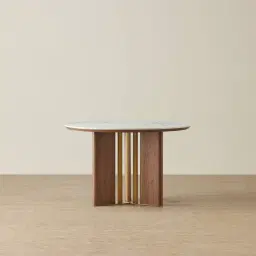 Sir Lionell II Gliding White Sintered Stone Round Dining Table - Walnut Brown Wooden Legs 120cm