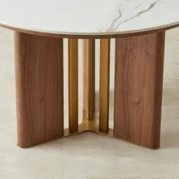 Sir Lionell II Gliding White Sintered Stone Round Dining Table - Walnut Brown Wooden Legs 120cm