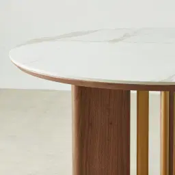 Sir Lionell II Gliding White Sintered Stone Round Dining Table - Walnut Brown Wooden Legs 120cm