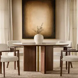 Sir Lionell II Gliding White Sintered Stone Round Dining Table - Walnut Brown Wooden Legs 120cm
