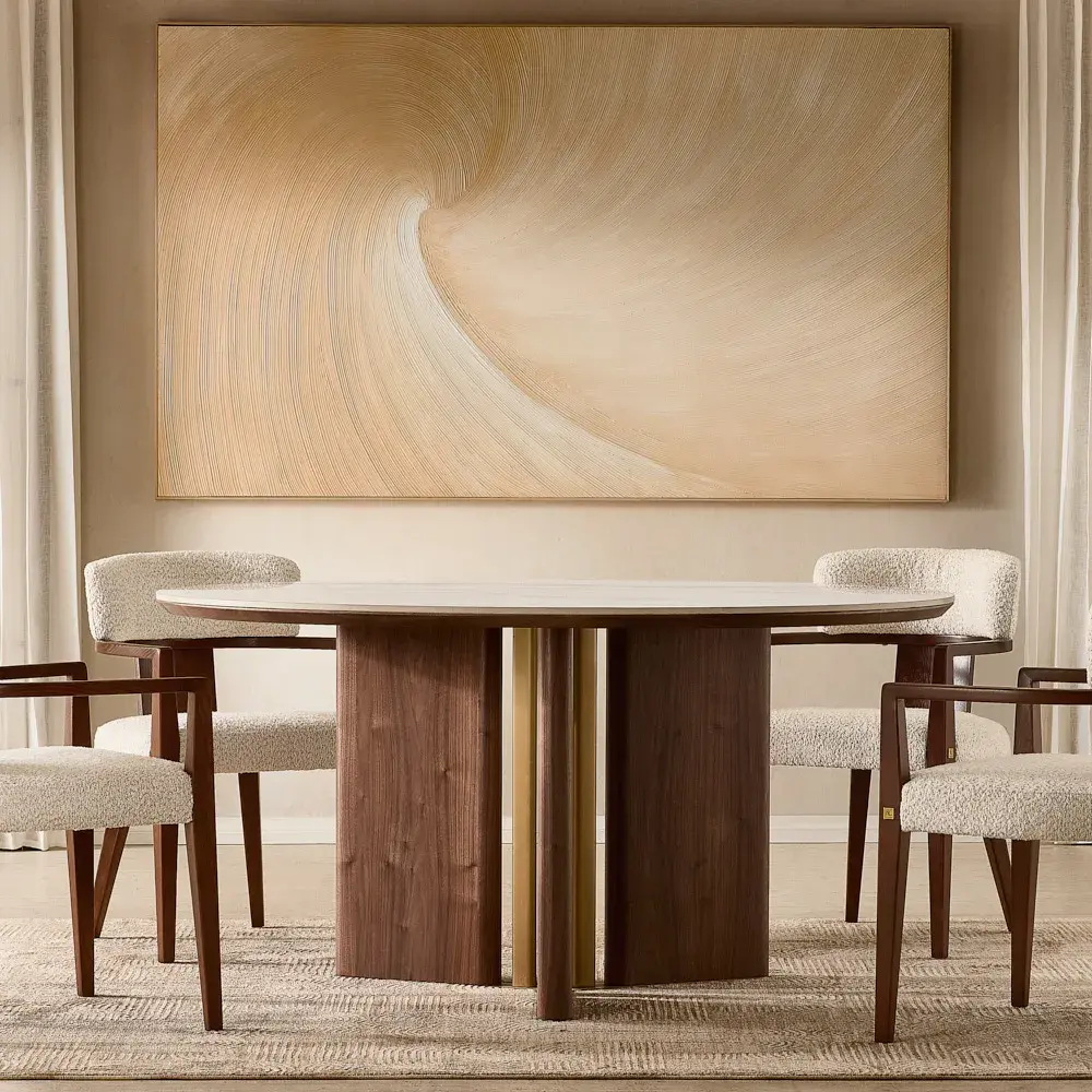 Sir Lionell II Gliding White Sintered Stone Round Dining Table - Walnut Brown Wooden Legs 150cm