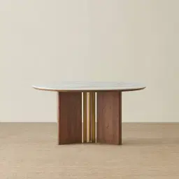 Sir Lionell II Gliding White Sintered Stone Round Dining Table - Walnut Brown Wooden Legs 150cm