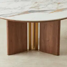 Sir Lionell II Gliding White Sintered Stone Round Dining Table - Walnut Brown Wooden Legs 150cm