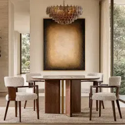 Sir Lionell II Gliding White Sintered Stone Round Dining Table - Walnut Brown Wooden Legs 150cm