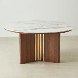 Sir Lionell II Gliding White Sintered Stone Round Dining Table - Walnut Brown Wooden Legs 150cm
