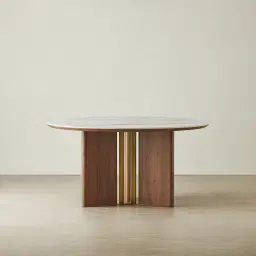 Sir Lionell II Gliding White Sintered Stone Round Dining Table - Walnut Brown Wooden Legs 150cm