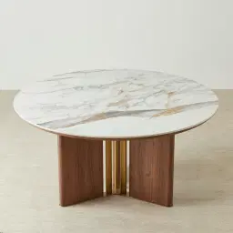 Sir Lionell II Gliding White Sintered Stone Round Dining Table - Walnut Brown Wooden Legs 150cm