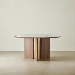 Sir Lionell II Gliding White Sintered Stone Round Dining Table - Walnut Brown Wooden Legs 150cm