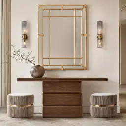 Whimsy Walnut Brown Single Legged Console Table - Taj Mahal Sintered Stone Top