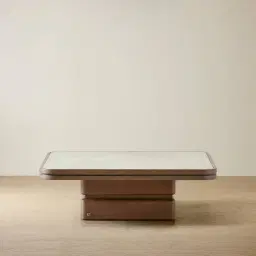 Whimsy Walnut Brown Wooden Coffee Table - Taj Mahal Sintered Stone Top