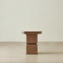 Whimsy Walnut Brown Side Table - Taj Mahal Sintered Stone Top