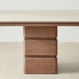 Whimsy Walnut Brown Wooden Dining Table - Taj Mahal Sintered Stone Top