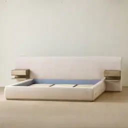 Riviera Powder White Chenille Fabric King Bed with Medium Brown Ash Veneer