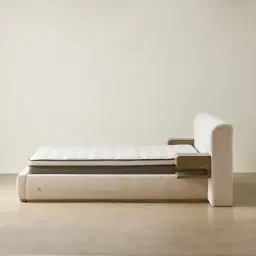 Riviera Powder White Chenille Fabric King Bed with Medium Brown Ash Veneer