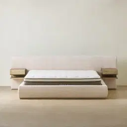 Riviera Powder White Chenille Fabric King Bed with Medium Brown Ash Veneer