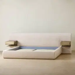 Riviera Powder White Chenille Fabric Queen Bed with Medium Brown Ash Veneer