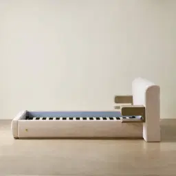 Riviera Powder White Chenille Fabric Queen Bed with Medium Brown Ash Veneer