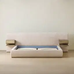 Riviera Powder White Chenille Fabric Queen Bed with Medium Brown Ash Veneer