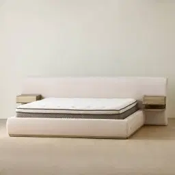 Riviera Powder White Chenille Fabric Queen Bed with Medium Brown Ash Veneer