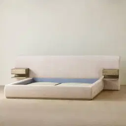 Riviera Powder White Chenille Fabric Queen Bed with Medium Brown Ash Veneer